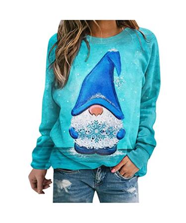 Women's Color Block Sweatshirt Tops Christmas Gnome Print Pullover Shirt Long Sleeves Round Neck Tee Shirts Blouses A2-blue X-Large