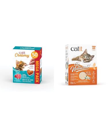 Catit Creamy Tuna Lickable Cat Treat - 50 Tubes - Mega Pack 750.00 g (Pack of 1) & Go Natural Pea Husk Clumping Cat Litter Vanilla 14 L Cat Treat + ANIMAL_LITTER P35060