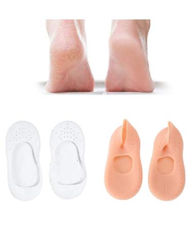2 pairs of cracked socks silicone protective socks silicone moisturizer socks silicone socks foot anti-cracks protecting foot care socks (white + skin color l)