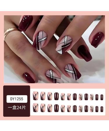 Press on Nails Short Square Fake Nails Wine red glittering pink line False Nails Gloss Reusable Press on Nails Designs Acrylic Nails Press on Artificial Nails Stick on Nails For Women Girls 24Pcs - Buy Online on GoSupps.com