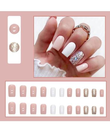 French Glitter Press on Nails Matte - Cute Square Fake Nails for Women and Girls - Acrylic Manicure Decoration - Design 04 - Buy Online on GoSupps.com