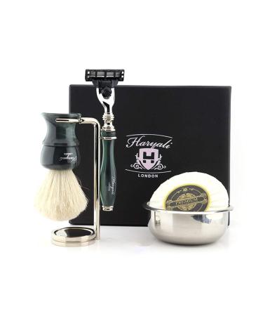 Haryali London Men's Shaving Set with 3 Razor Blades Pure Badger Hair Brush Stand Bowl and Soap