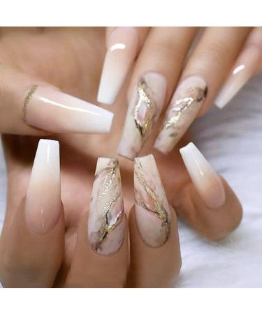 24 Pcs Press on Nails Long Coffin Fake Nails French Press on Nails Pink Marble Gold Foil Acrylic Fake Nails Tips Glossy False Nails Full Cover Nail Tips With Glue for Women and Girls