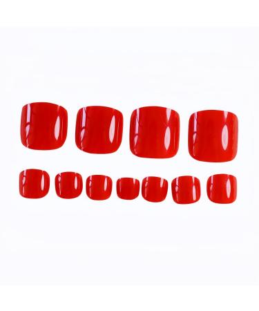 24pcs Short False Toenails French Tip Press On Toe Nails Acrylic False Toenails Square Full Toenail Tips Red Artificial Feet Nails Decals Glue On Toe Nails