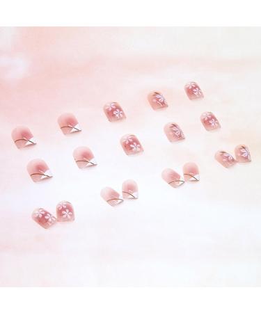 SINLOV Medium Long Square Fake Nails Pink Flower French False Nail Glossy Full Cover False Nails Press on Nails for Women and Girls - Buy Online on GoSupps.com