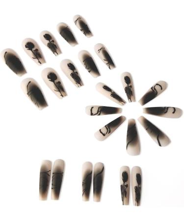 Press On Nails Black Press-On Manicure Spring Geometry Print Acrylic French Nails Tips Gel Finish Matte Finish Fake Nails with Nail Art Design for Women and Girls - Buy Online on GoSupps.com