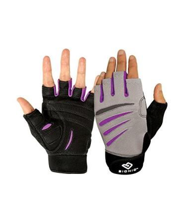 BIONIC Glove Women's Premium Finger Less Fitness Gloves w/Natural Fit Technology, Gray/Purple (Pair) Gray/Purple Large