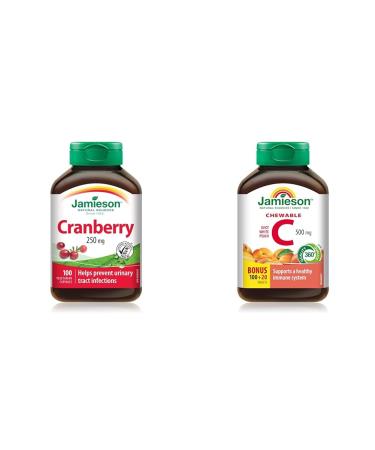 Cranberry Complex 250 mg - Vegetarian Gluten-Free 100 Count (Pack of 1) & Chewable Vitamin C 500 mg - White Juicy Peach Flavour 120 Count (Pack of 1) Herbal Supplement+ Vitamin C 500 mg