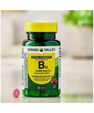 H4U Spring Valley Extra Strength Vitamin B12 Cherry 5000 mcg 60 Count Supplement Fast Dissolve Tablets for Metabolism Support - Buy Online on GoSupps.com