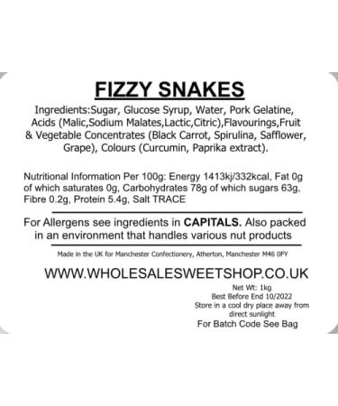 Ellies Jellies Fizzy Jelly Snakes 1kg Bag - Buy Online on GoSupps.com