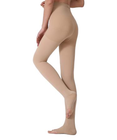 MGANG Compression Pantyhose Open Toe Waist High Compression Stockings Opaque Firm Support 20-30 mmHg Pantyhose S 20-30mmhg Beige Open-toe