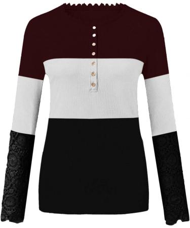 Women's Ribbed Knit Henley Long Sleeve Tunic Lace Top - X-Large Black | Trendy Slim Fit Button Shirt - Buy Online on GoSupps.com