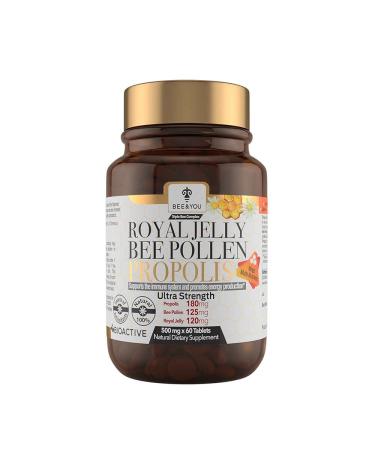 BEE and You Royal Jelly Propolis Bee Pollen Tablets-High Potency, No Artificial Flavor, No Preservatives, No Added Sugar, No Soy, No Gelatin, Non GMO, Gluten Free, 500 mg x 60 Tablets