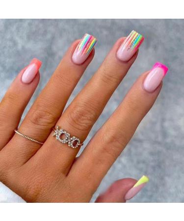 Medium Press on Nails Square French Fake Nails with Fashion Rainbow Stripes Design Full Cover Press ons Artificial Acrylic False Stick on Nail for Women Girls Daily Wear Wedding 24Pcs French with Rainbow Stripes A01