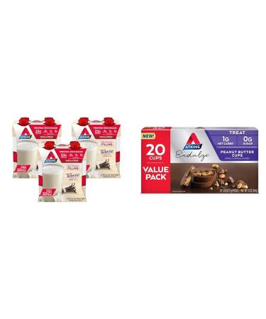 Atkins Vanilla Cream 23g Protein Meal Size Shakes 3g Carb 1g Sugar and Peanut Butter Cups 0g Sugar 20 Count