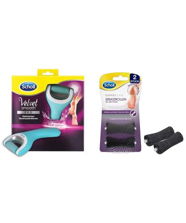 Scholl Velvet Smooth electric corneal remover pro - for corneal removal on wet and dry feet - 1 device + charging station & expertcare replacement rolls for the heel - 2 roles