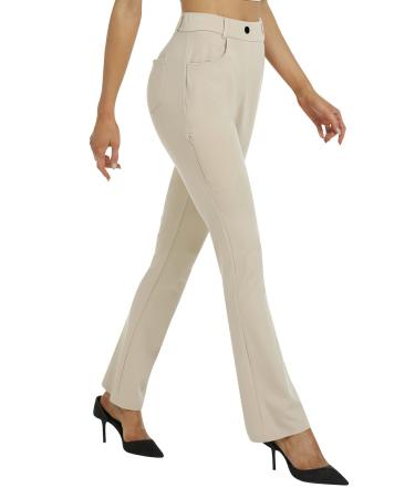 MoFiz Women's 29" Yoga Dress Pants Bootcut Leg Elastic Waist Work Business Office Stretchy Slacks Casual Golf with Pockets A01-light Khaki Medium