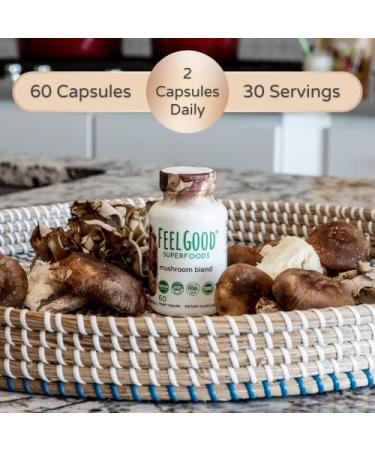 FeelGood Superfoods Mushroom Supplement Capsules 1000mg - 60 Count | Lions Mane, Reishi, Chaga, Maitake, Shiitake | Nootropic Brain Pills & Immune Booster - Buy Online on GoSupps.com