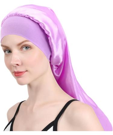 Ladaypoa Long Satin Sleeping Hat Set - 2 Extra Large Sleeping Caps for Women | Soft Black & Purple with Wide Elastic Ribbon for Long Braids | Ideal for Nighttime Comfort - Buy Online on GoSupps.com