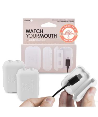 Watch Your Mouth by Geddy's Mom (3 Pack) The Original Award Winning Universal USB Charger Child Safety Cover - Made in The USA - Baby Proofing Toddler Shock Prevention (White)