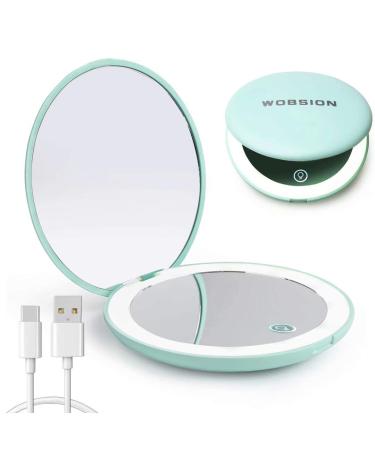 wobsion Led Compact Mirror, Rechargeable 1x/10x Magnification Compact Mirror, Dimmable Small Travel Makeup Mirror,Pocket Mirror for Handbag,Purse,Handheld 2-Sided Mirror,Gifts for Girls,Cyan Rechargeable Cyan