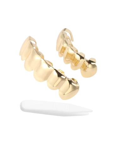 Amosfun 1 set of Galvanized Human carriers Halloween Gold teeth grills vampire teeth diamond grills gold-plated teeth zombie artificial teeth rapper braces clothes man copper golden 5x1cm