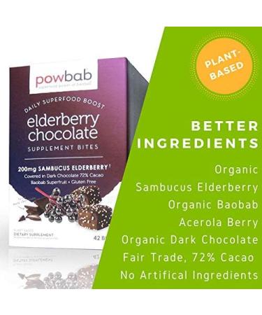 powbab Elderberry Chocolate Bites with Organic Sambucus Elderberry. 33% Less Sugar Than Elderberry Gummies. Organic Dark Chocolate 72% Cacao. Baobab Acerola Cherry (42 Count) - Buy Online on GoSupps.com