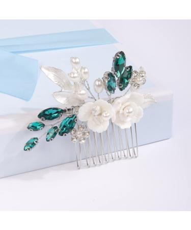 Missgrace Bride Wedding Crystal Pearl Leaf Rhinestone Hair Comb - Silver Green Bridal Hair Clip for Women | Wedding Hair Accessories - Buy Online on GoSupps.com