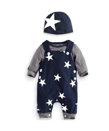 Infant Baby Boys Clothing Sets Newborn Baby Cotton Romper Outfits Suit Toddler Kids Pyjamas 3pcs Long Sleeves T-shirt + Star Pattern Dungarees+ Hat 0-24 Months Blue 3-6 Months - Buy Online on GoSupps.com