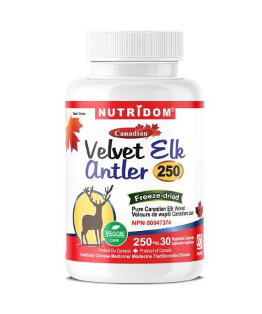 Nutridom Velvet Elk Antler 250mg 100% Canadian Freeze-Dried Non-GMO NO Additives Gluten Free Made in Canada (30 Veggie Capsules)