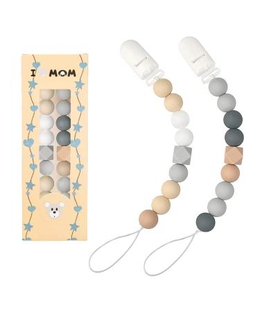 Silicone Pacifier Holder 2 Pack Pacifier Clip for Baby Durable Silicone Pacifier Chain Suitable for All Babies Boys Girls Silicone Pacifier Clip(Beige+Grey)
