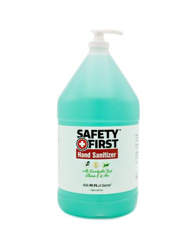 Safety First Eucalyptus Hand Sanitizer 1 Gallon Gel with Pump Cap Aloe Vera Vitamin E 70% Alcohol Moisturizing Refreshing Scent 128 Fl Oz (Pack of 1) 128.0