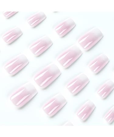 24PCS Square Pink White Gradient Press On False Nails - Glossy White French Acrylic Designs for Women and Girls - Buy Online on GoSupps.com