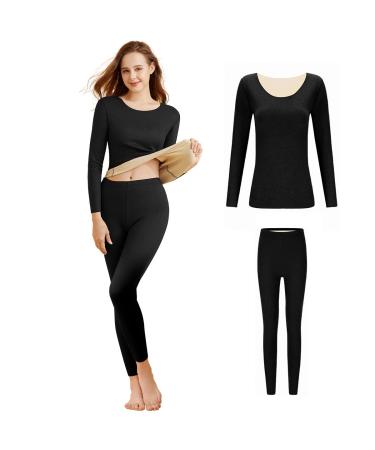 Merdia Thermal Underwear for Women Long Johns Base Layer Stretch Soft Thermal Top and Bottom Set for Winter Black Medium