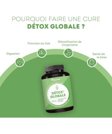 Global Detox - Liver Slimming Digestive Health Healthy Skin - Milk Thistle Artichoke Burdock - 7 Natural Active Ingredients - 90 Capsules - 3 Months - Vegan - Made in France Vitavea - Buy Online on GoSupps.com