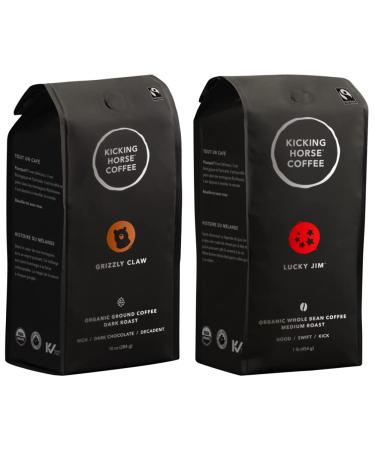 Kicking Horse Coffee Grizzly Claw Dark Roast Ground 284 g - Certified Organic Fairtrade Kosher Coffee & Lucky Jim Medium Roast Whole Bean 1 lb Fairtrade Kosher Coffee 454 g (Pack of 1) Grizzly Claw Dark Roast Ground Horse Coffee + Coffee Lucky Jim