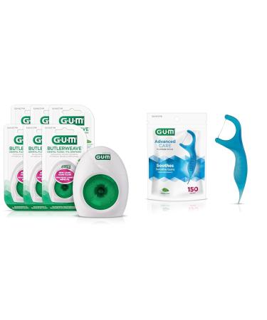 GUM ButlerWeave Mint Waxed String Floss 165M X Pack of 6 Green & Sunstar 888JC Advanced Care Flossers Fresh Mint Vitamin E & Fluoride 150 Count (packaging may vary) 165.00 m (Pack of 6) Mint Waxed + Advanced Care Flossers