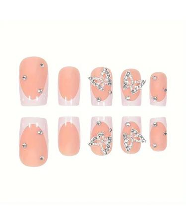 Short Press on Nails with Butterfly Charms - White French Acrylic Square Shape | Cute 24Pcs Stick-On Nails for Women - Buy Online on GoSupps.com