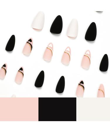 Pink French Stiletto Fake Nails - 24Pcs Swirl & Heart Pattern False Nails with Nail Glue - Almond Black White Tips for Women & Girls Nails Art - Buy Online on GoSupps.com