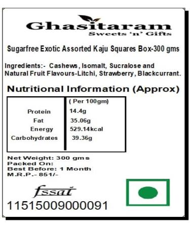 Ghasitaram Gifts Indian Sweets - Sweets Sugarfree Exotic Assorted Kaju Squares Box-300 Gms - Buy Online on GoSupps.com