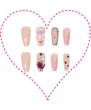 Nude Heart Medium Acrylic Press on Fake Nails Set - 24 Bear Diamond Coffin False Nails with Glue Tabs | Glossy Full Cover Stick on Nails for Women - JP1360 - Buy Online on GoSupps.com