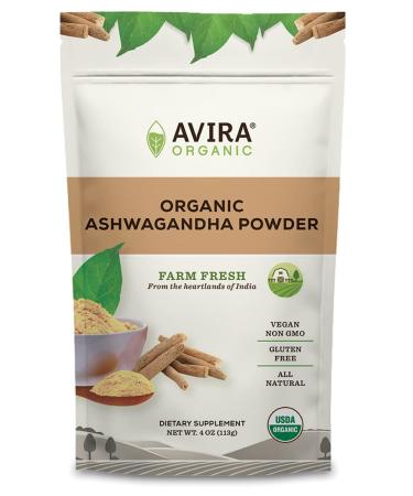 Avira Organic Ashwagandha Powder Indian Ginseng Allergen Free Vegan Non-GMO Super Food Easy to Mix in Smoothies Baking Tea & Lattes Reseabales Bag Off White 4 Oz 4 Ounce (Pack of 1)