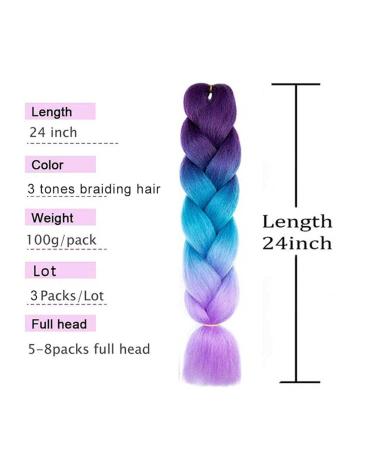 AFNOTE Ombre Braiding Hair 24 Inch 3Pcs Pre Stretched Braid Extensions - Dark Purple/Lake Blue/Light Purple - Buy Online on GoSupps.com