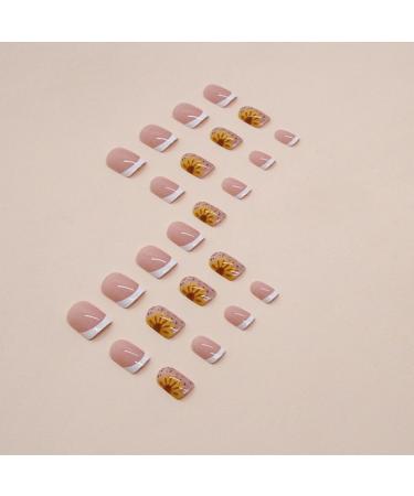 Buy Justotry 24-Piece White Angular Press-On Nails | Gorgeous Sunflower Design | Glossy Fake Nails for Art | Square French Fingernails for Women - Buy Online on GoSupps.com