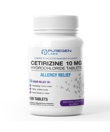 Puregen Labs 24-Hour Allergy Relief Cetirizine 10mg 120 Tablets 24 Hour Non-Drowsy Antihistamine Allergy Medicine for Runny Nose Sneezing Itchy Watery Eyes cetirizine 10 mg 120 Count