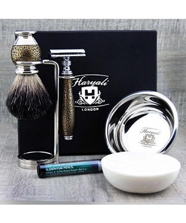 5-part shaving set pure roof hair brush razor planer stand and bowl & premium soap + free aluminum stick Perfect for wet shaving-Gold Antique Special Collection-Great gift for him