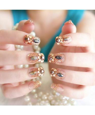 MENILITHS 24Pcs Bridal Nail Art False Nails Set with Bling Rhinestone Full Cover Fake Nail Tips with Design Press on Nails with Adhesive Tab for Women and Girls - Buy Online on GoSupps.com