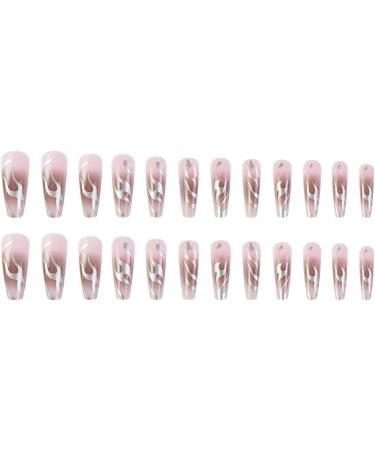 Press on Nails Long trapezoidal shape Fake Nails Silver Flame Pink False Nails Gloss Reusable Press on Nails Designs Acrylic Nails Press on Artificial Nails Stick on Nails For Women Girls 24Pcs - Buy Online on GoSupps.com