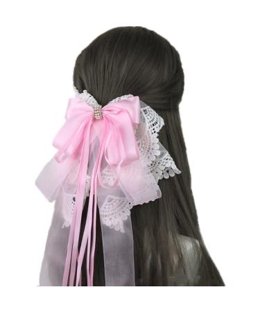 Women Handmade Ribbon Lace Sweet Cute Hairpin Lolita Big Bow Hair Clips Lolita Party Princess Barrette Hair Accessories (Pink)