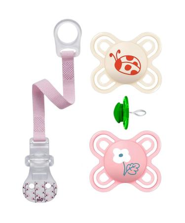MAM Perfect Start mini pacifier 0-2 Girl // set of 2 // incl. sterilized transport box & NIP pacifier strap